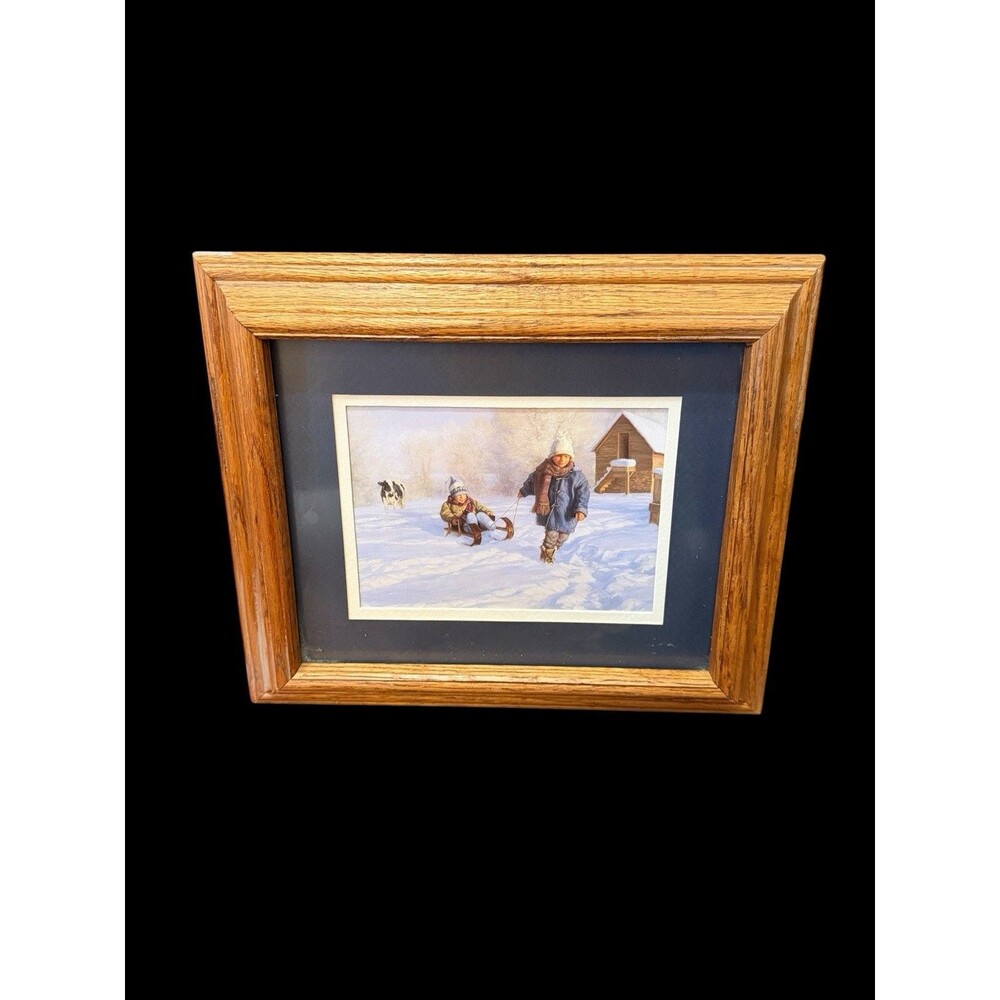 Vtg Winter Farm Cow Children Snow Day Sledding Playing Print Wood Framed Matted